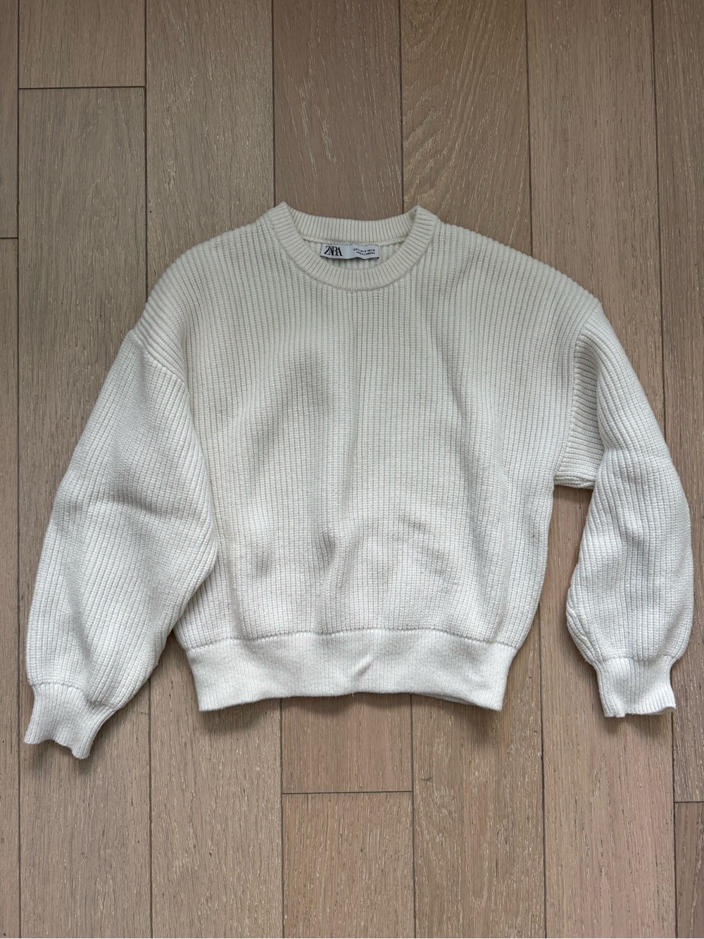 Zara White Ribbed Crewneck Chunky Sweater